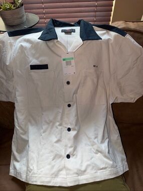 Jordan White Short-Sleeve Button Down Shirt with Navy Collar
